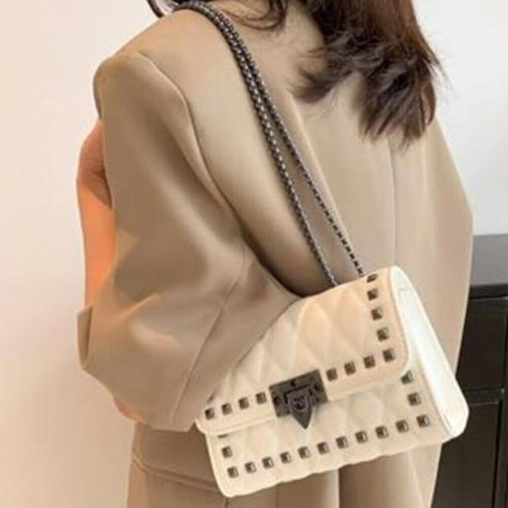 Women’s White Studded Punk Crossbody Bag Chain Strap Vegan Leather Purse